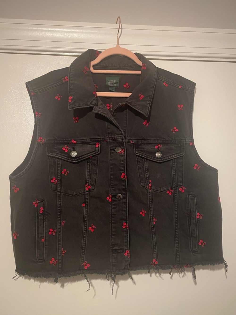 Wild Fable Black Denim Vest with Red Cherry Embroidery